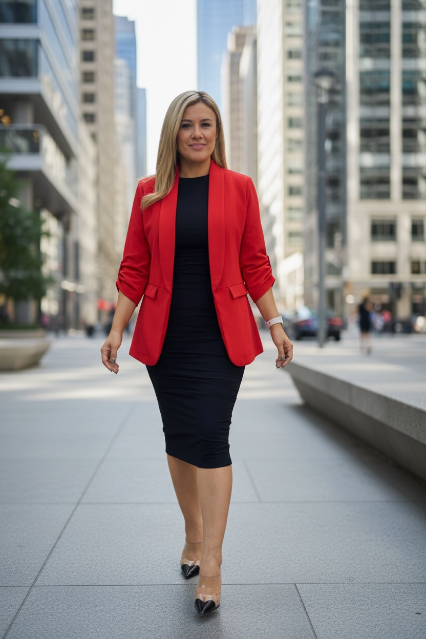 Blazer Rojo Casual Abierto con las Mangas Plisadas